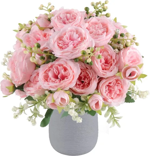 Vista 16 de Flores artificiales de seda, ramo de peonías sintéticas beige, 4 paquetes de arreglos florales para decoración de casa de campo, centro de mesa