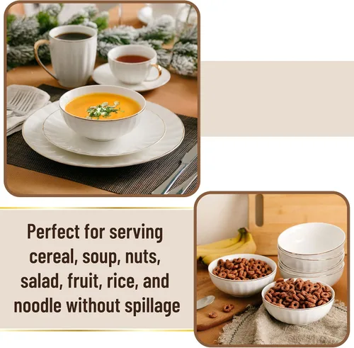 Vista 4 de Brew To A Tea BTaT- Juego de 6 cuencos de sopa, 16 onzas, porcelana blanca con borde dorado, cuencos para cocina, cuencos de cocina, ensaladeras