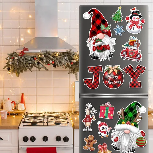 Vista 4 de Imanes de Navidad para refrigerador, 14 unidades, gnomo alegre, nevera, coche, puerta de garaje, calcomanías magnéticas para decoración