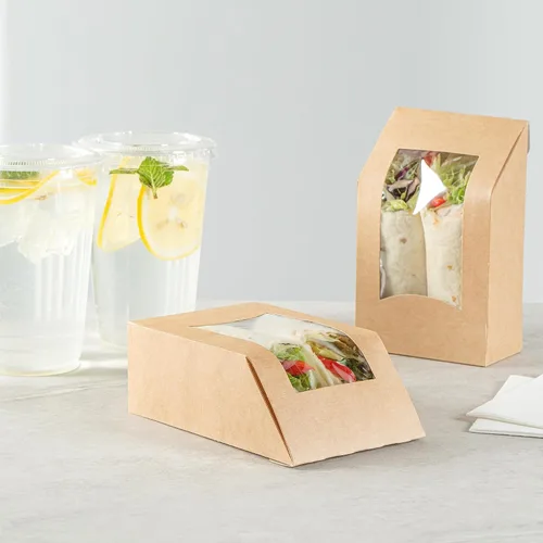 Vista 7 de Restaurantware Cajas de papel para llevar - 1 ventana - Kraft - Ángulo - Caja de 50 ct