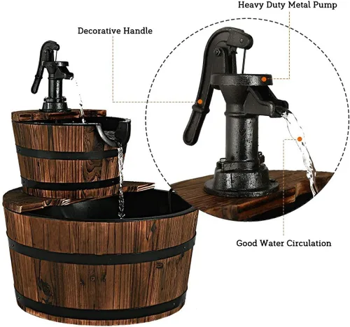 Vista 4 de FANTASK Fuente de cascada de barril de 2 niveles, fuente de agua de barril para exteriores con bomba de mano, construcción rústica de madera maciza