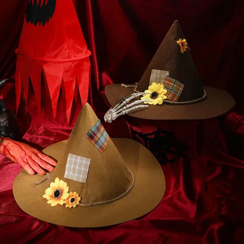 Vista 4 de SATINIOR 2 sombreros de espantapájaros de Halloween, diadema de bruja de girasol, diadema de fieltro para mujeres adultas, accesorio de fiesta