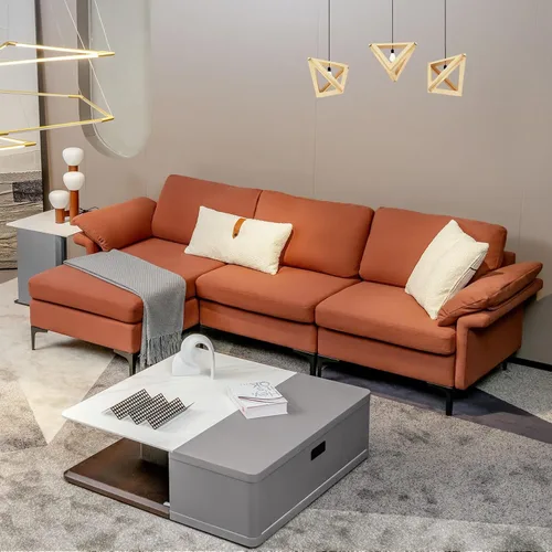 Vista 5 de OUDINI Sofá modular moderno en forma de L, sofá seccional de tela de lino, con diván reversible y 2 puertos USB para sala de estar, apartamento