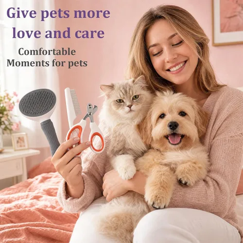 Vista 6 de Kit de aseo de cepillo para mascotas, cepillo deslizante autolimpiante, 3 piezas, kit de aseo para mascotas con cepillos de deshedding para perros