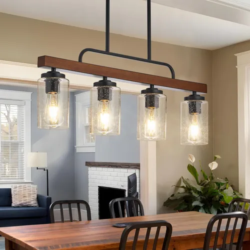 Vista 9 de Lámpara de Comedor Estilo Granja Sobre Mesa, Iluminación de Isla de Cocina de Madera Negra de 4 Luces con Vidrio Blanco Leche, Luces Colgantes