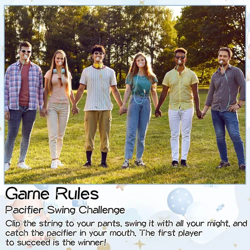 Vista 4 de Geelin Juego de 12 juegos de chupete con columpio para baby shower, juegos divertidos de revelación de género, incluye 1 letrero de madera y 12