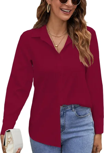 Vista 6 de Camisas de manga larga con botones para mujer, blusas casuales con cuello sin arrugas, para el trabajo, la oficina