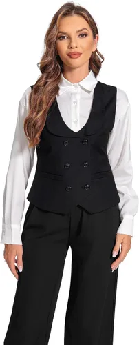 Vista 4 de Foucome Chaleco de doble botonadura para mujer, chaleco elegante con cuello de solapa