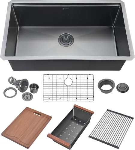 Vista 10 de ZEEK Fregadero de cocina con estación de trabajo de 32 pulgadas, color negro, calibre 16, acero inoxidable, doble cuenco 50/50 con accesorios