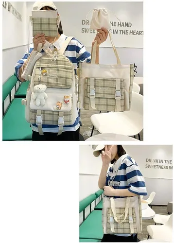Vista 3 de Juego de 5 mochilas Kawaii de lona con bonitos alfileres colgantes de oso a cuadros, asa a cuadros, bolsa de hombro, Caqui