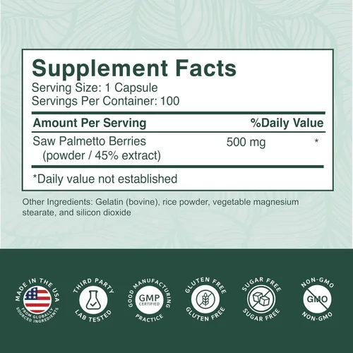 Vista 6 de Saw Palmetto Premium 500 mg para hombres y mujeres – Extracto de palma enana americana de máxima fuerza y suplemento en cápsulas en polvo – Apoya