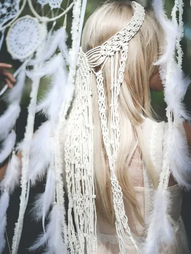 Vista 5 de GORTIN Diademas bohemias de macramé, velo de macramé blanco, diadema hippie, macramé, novia, velo de boda, despedida de soltera, accesorios