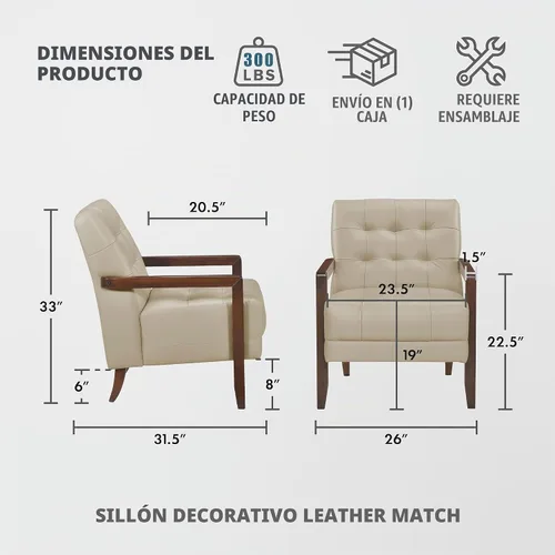 Vista 2 de Lexicon - Silla decorativa moderna, de lujo, de piel genuina, para sala de estar, con cojines capitonados, sillón con estructura de madera maciza