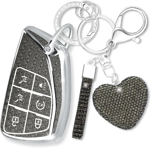 Vista 8 de Funda para llavero con llavero de corazón de diamante compatible con Chevy 2021-2024, Negro, 5 Botones