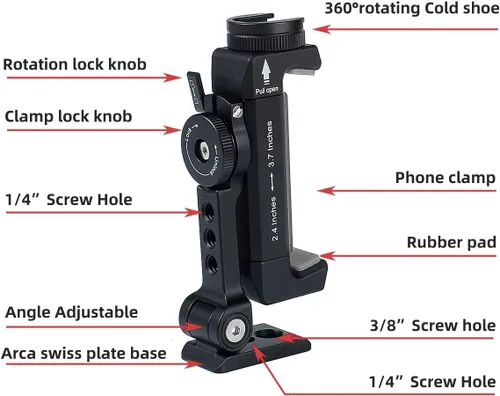 Vista 4 de Soporte de trípode de metal para teléfono con zapata fría giratoria para soporte de micrófono, compatible con iPhone y Android, adaptador de trípode