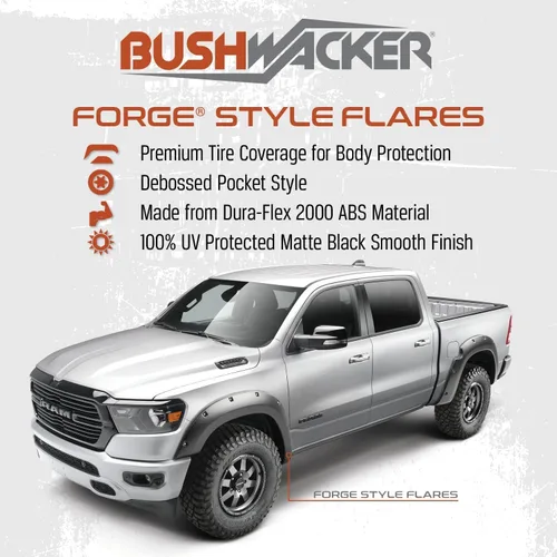 Vista 2 de Bushwacker Guardabarros delanteros y traseros estilo forge con bolsillo / remache Juego de 4 piezas, negro, acabado texturizado 28135-08