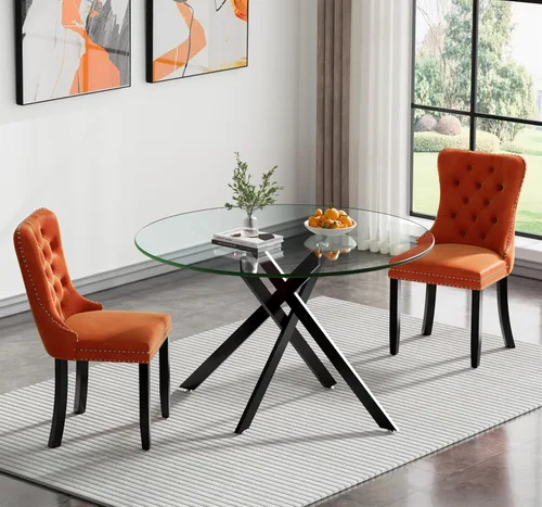 Vista 13 de Juego de mesa de comedor SSLine moderno de 3 piezas con mesa redonda de vidrio para 2, lujosa mesa de comedor circular de 36" con tapa de vidrio