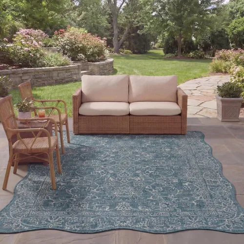 Vista 111 de SAFAVIEH Alfombra lavable al aire libre, colección Courtyard - 2'3" x 5', azul aguamarina y gris, no desprende pelusa y fácil limpieza, ideal