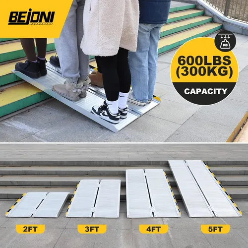 Vista 3 de BEJONI Rampa de silla de ruedas portátil plegable plateada de 3 pies, rampa de umbral de aluminio antideslizante para escalones y puertas del hogar