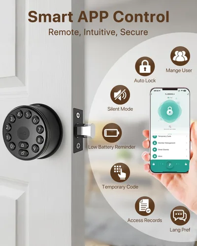 Vista 3 de Cerradura de puerta inteligente con huellas dactilares con teclado, control de aplicación, desbloqueo automático, cerrojo electrónico para puerta