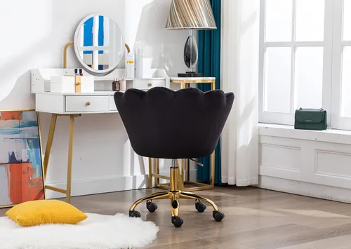 Vista 4 de Cómoda silla de trabajo para oficina en casa con ruedas, bonita y moderna tapizada de terciopelo con respaldo de concha, silla de escritorio Negro