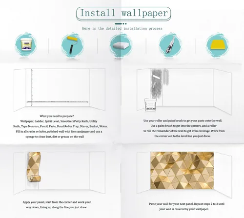 Vista 4 de Papel tapiz de geometría dorada 3D para dormitorio, sala de estar, baño, oficina (no se pega ni se pega)