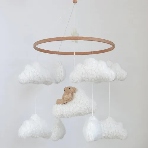 Vista 9 de Cloud Crib Mobile Baby Mobile para cuna Neutral Boho Luna y Nubes Móvil Neutral Guardería Decoración Boucle Mobile Blanco