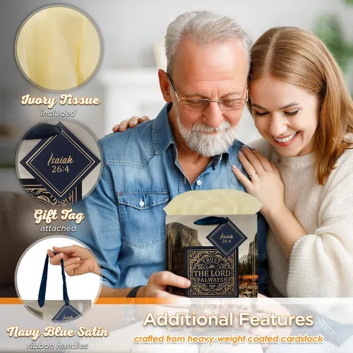 Vista 3 de Christian Art Gifts Bolsa de Regalo/Juego de Papel de Regalo Confía en el Señor Siempre Isaías 26:4 Versículo Bíblico, Azul/Oro, Mediano