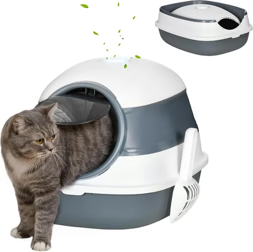 Vista 10 de PawHut Caja de arena para gatos, cubierta, lados altos, ambientador, entrada bidireccional, plegable, fácil de limpiar, blanco y negro
