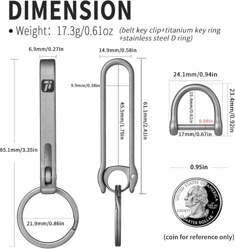 Vista 2 de Titanium Belt Key Holder Clip with 2/3 Inch D ring