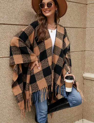 Vista 4 de VIMPUNEC - Pashmina estilo bohemio con patrón a cuadros para mujer, con borla.