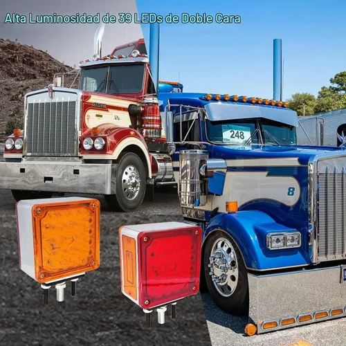 Vista 5 de 2 luces de guardabarros con pedestal de doble cara ámbar/roja con montaje de perno, 52 luces LED cuadradas para semirremolques, Peterbilt Kenworth