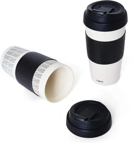 Vista 2 de Copco 5237160 - Tazas de viaje reutilizables con aislamiento de doble pared, 16 onzas, blanco/negro, 2 unidades (paquete de 1)