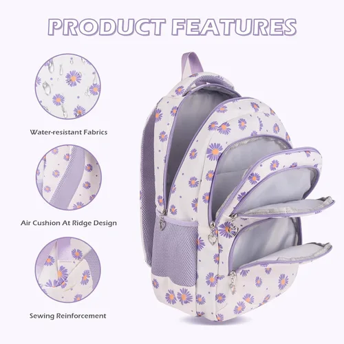 Vista 45 de goldwheat Mochilas impresas margaritas con paquete de almuerzo, estuche de lápices 3pcs, bolsa ligera resistente al agua para la escuela secundaria