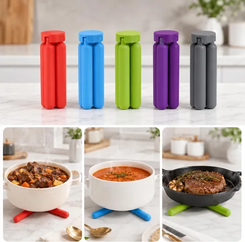 Vista 6 de KSENDALO Paquete de 5 salvamanteles de silicona gruesa para platos calientes, salvamanteles plegables ecológicos para ollas y sartenes calientes