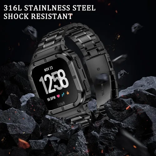 Vista 5 de BAITEYOU Correa de reloj de acero inoxidable con funda compatible con Fitbit Versa/Fitbit Sense Bands, pulseras de metal protectoras resistentes