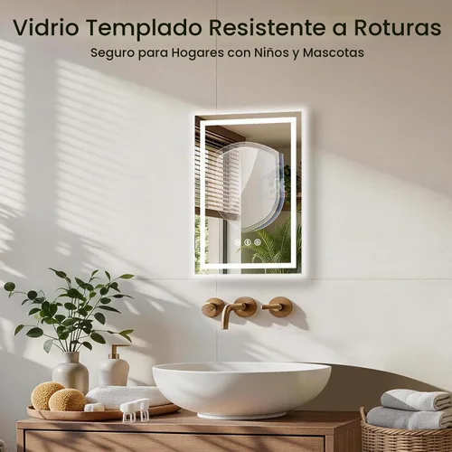 Vista 5 de Espejo de baño LED de 16 x 24 pulgadas con luces, antiniebla, retroiluminado + luz frontal, espejo de tocador de baño iluminado para pared, función