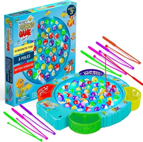 Vista 8 de IPIDIPI TOYS Juego de pesca para niños, 45 peces y 8 bastones, juguete magnético de peces con tablero giratorio y música, actividad de habilidad