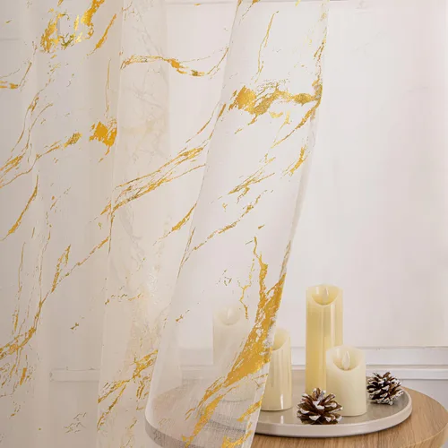 Vista 14 de Cortinas Transparentes Beige con Estampado de Lámina de Mármol Dorado de 63 Pulgadas de Largo para Cuarto de Bebé, Paneles de Ventana con Bolsillo