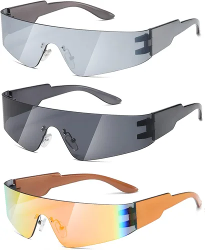 Vista 10 de MASDUN Gafas de sol envolventes futuristas sin montura para mujeres y hombres, Cyberpunk Visera, lentes de sol a la moda