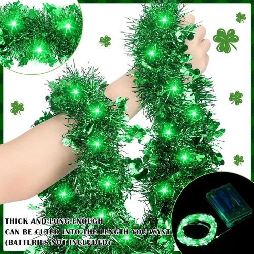 Vista 3 de Guirnalda de 39.4 pies con luces para el día de San Patricio, 120 luces LED, trébol verde metálico, guirnalda colgante de trébol para el día de San