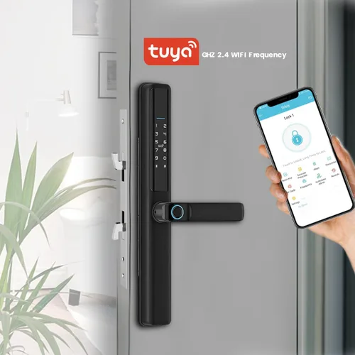 Vista 5 de Cerradura de puerta inteligente para puertas correderas – entrada sin llave 6 en 1 con huella digital, código de acceso, tarjeta IC, control