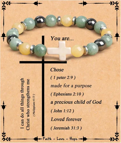 Vista 35 de JoycuFF Regalos Cristianos, Pulseras de Cruz para Mujeres, Joyería Cristiana Católica Religiosa de Fe de Pascua, Pulseras de Piedra Natural