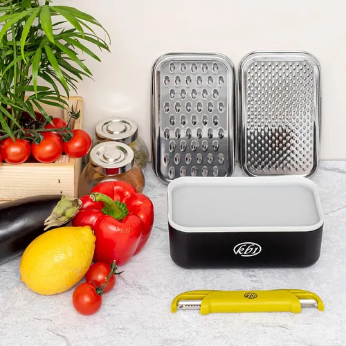 Vista 9 de Rallador de queso con contenedor y tapa y juego de pelador - Juego de utensilios de cocina multifuncional de acero inoxidable para verduras y frutas