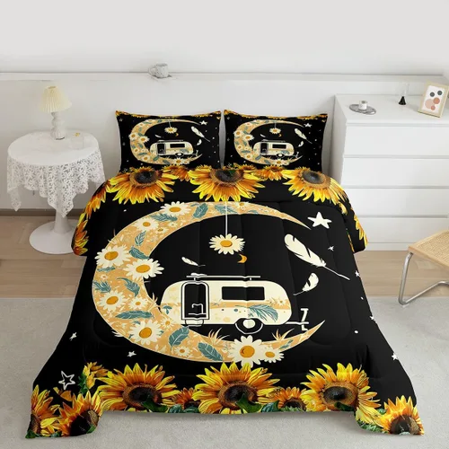 Vista 40 de Juego de ropa de cama con temática de cámper, juego de edredón de cabaña de madera marrón y verde, tamaño matrimonial, 3 piezas, decoración de Multi