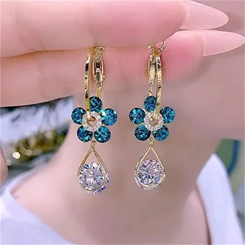 Vista 3 de Aretes de flores azules de calidad, diseño especial, aretes de gota de agua, aretes de flores de calidad, aretes retro extranjeros únicos, aretes