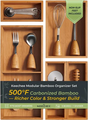 Vista 14 de keechee Organizador grande de bambú carbonizado para cajones de cocina, organizador de cubiertos expandible con 12 ranuras, soporte para utensilios