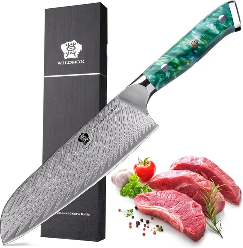 Vista 8 de WILDMOK Cuchillo Santoku, cuchillo de cocina japonés forjado de damasco de 7 pulgadas, cuchillo de cortar profesional, diseño de mango afilado