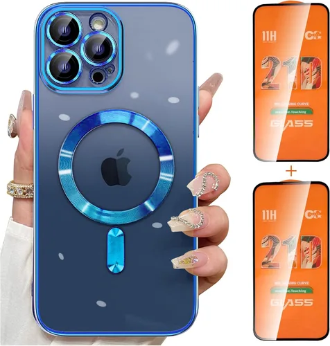 Vista 8 de Magsafe - Funda para iPhone 12 Pro Max, funda magnética transparente para teléfono con protector de pantalla y cubierta de cámara, funda galvanizada
