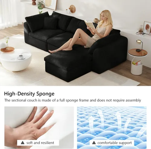 Vista 6 de Sofá modular de nube sin hueso de 108 pulgadas con asiento profundo para sala de estar, sofá en forma de L con otomana, tela de copo de nieve y Negro